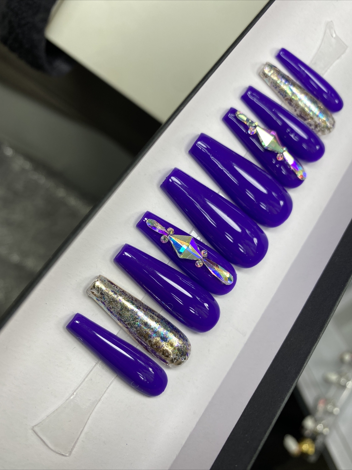 Luxury Gel Press On Nails,Marine W Bling , Long Coffin, 10p Nail Set W/ kit