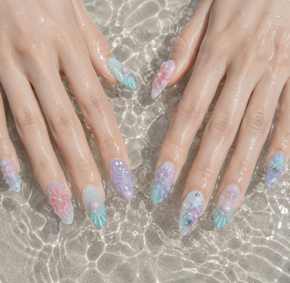 24Pcs Middle Length French Press On Nails 3D Pearl Almond