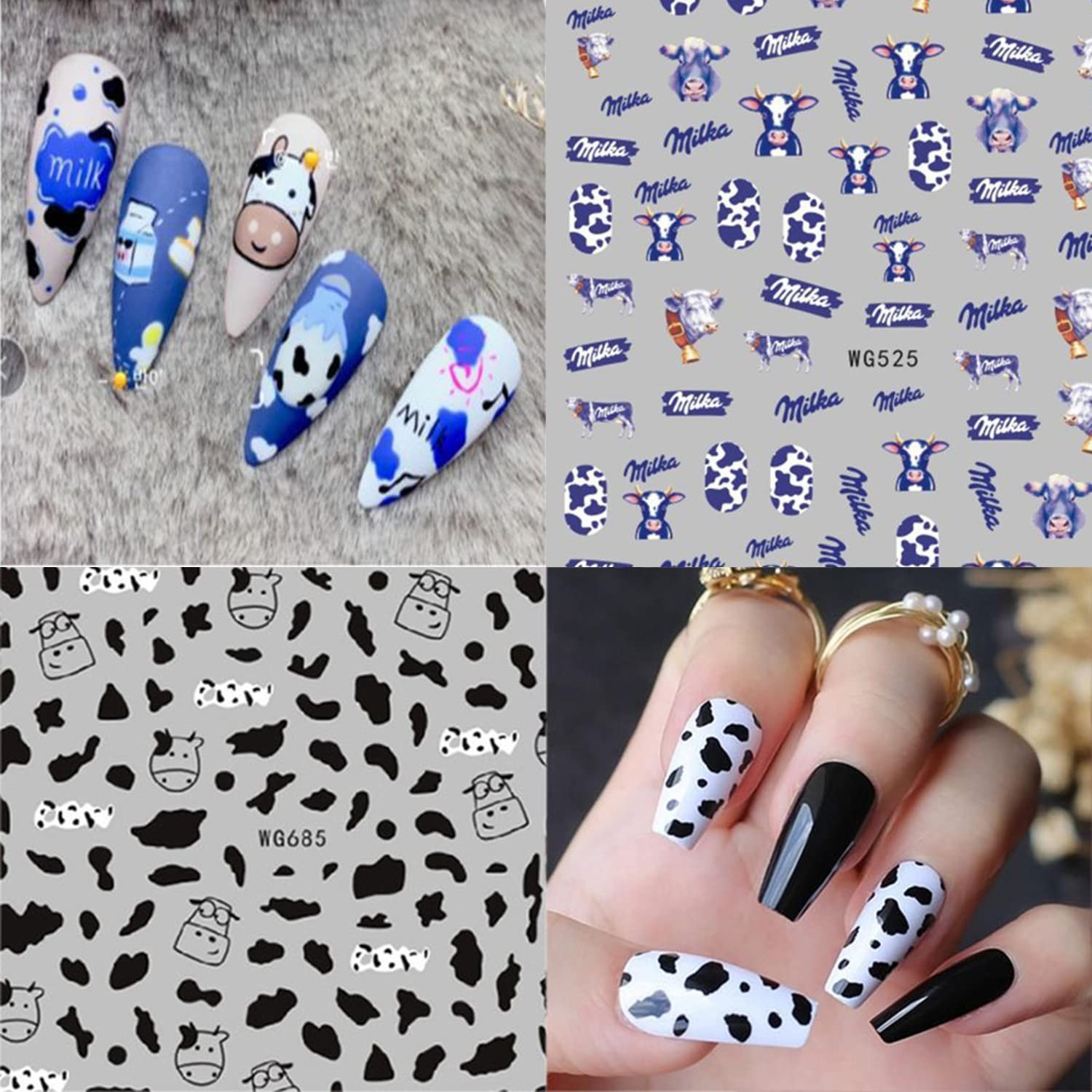 Cute Cow Nail Art Stickers, Cartoon Cow Nail Decals 3D -Adhesive Nail Sticker…