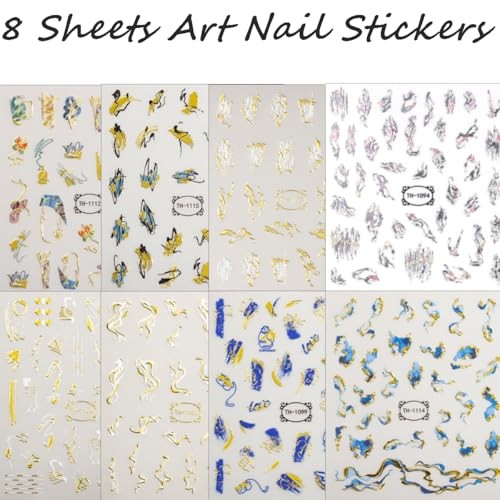8 Sheets Marble Nail Art Sticker Gold Line Nail Stickers for Nail Gold Line-1