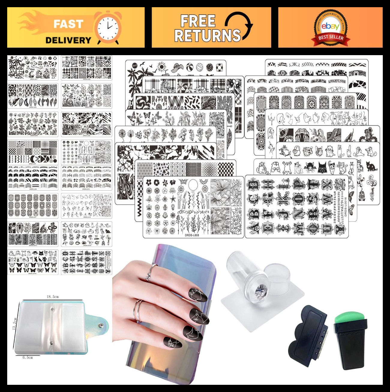 21 Pcs Nail Art Stamping Plates Set – 16 Plates, 2 Stampers, 2 Scrapers, Storage
