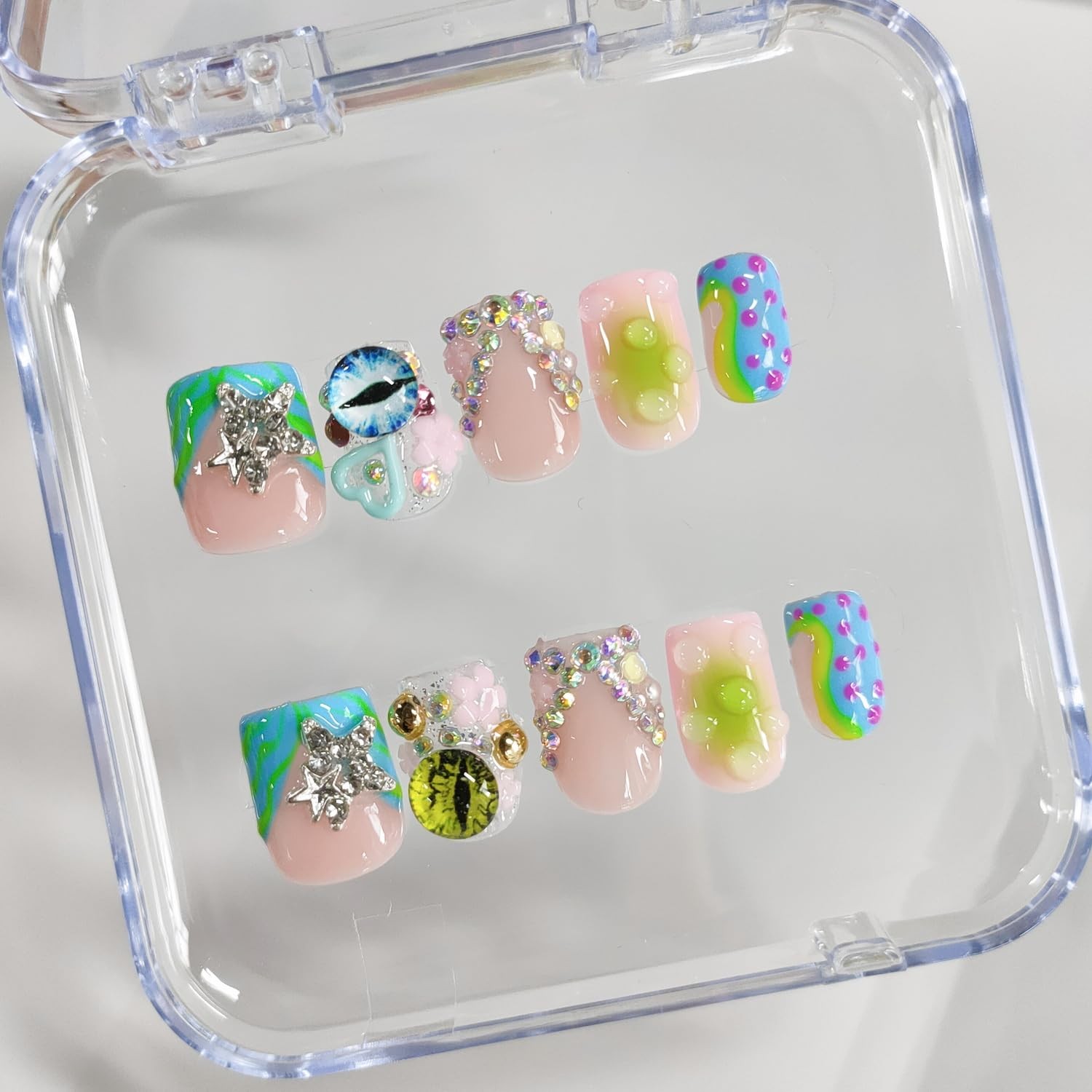 BRKYKGK Handmade Press On Nails Short Square 3D French Tip Thick Acrylic Fake