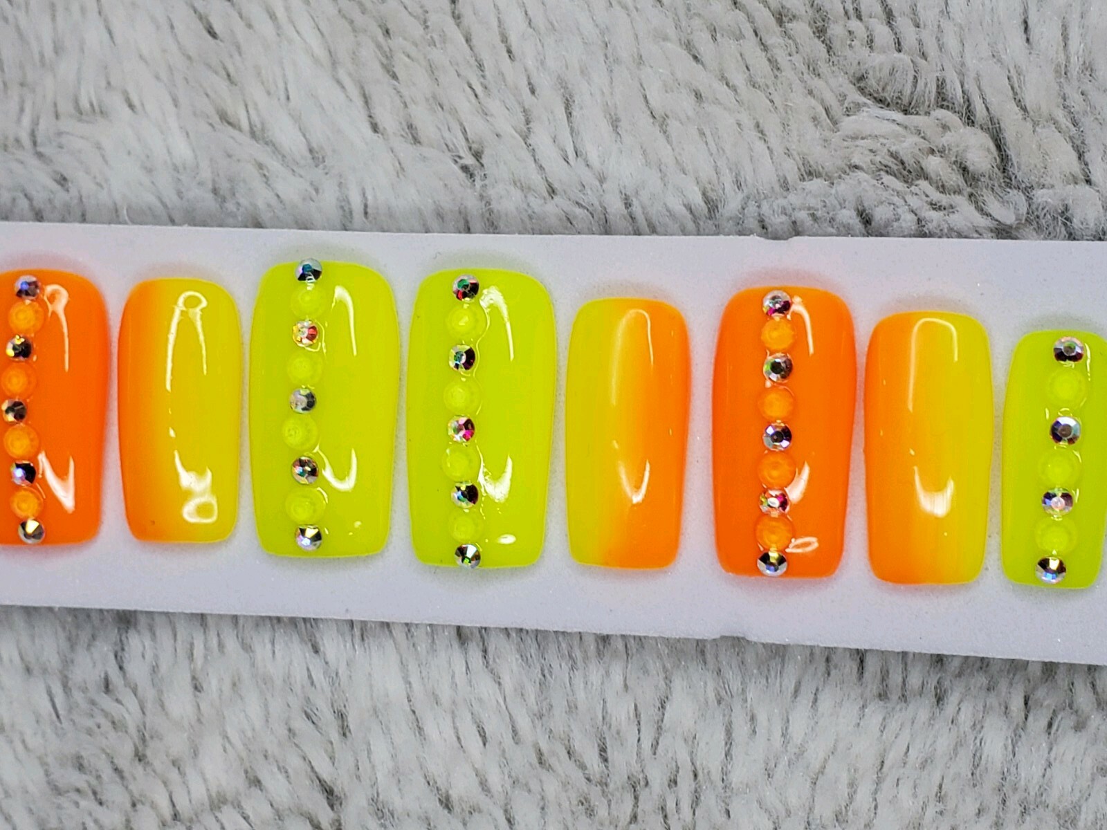 Neon Rainbow ombre bling w/crystals Gel Press On nails square orange yellow