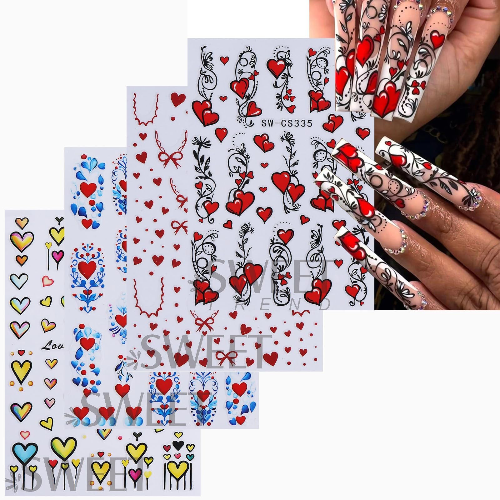 4 Sheets Valentine’s Day Nail Stickers Red Hearts Nail Decals Cute Yellow Lov…