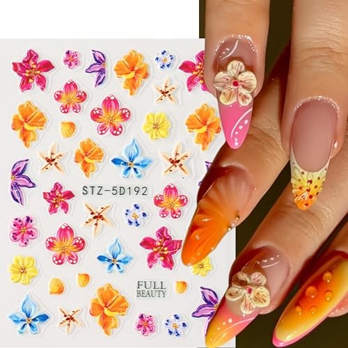 3PCS Hibiscus Flower Nail Stickers Hawaiian Flowers Nail Decals 3D Self Style08
