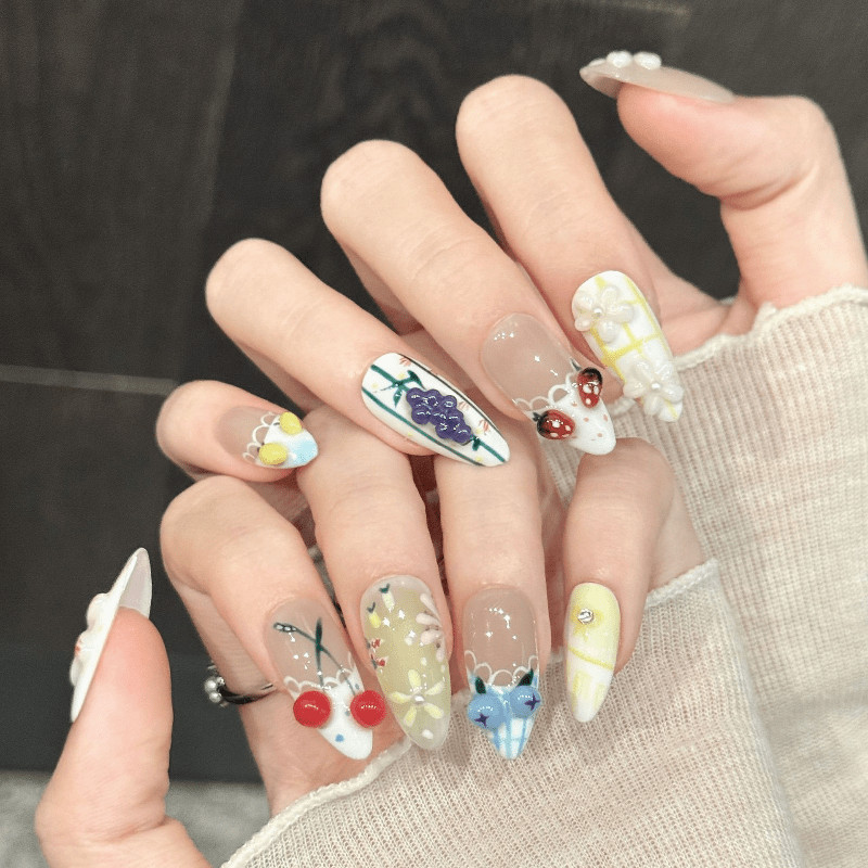 Fruit Print Handmade Press on Nails Strawberry Cherry Grape Sweet Fake Nails