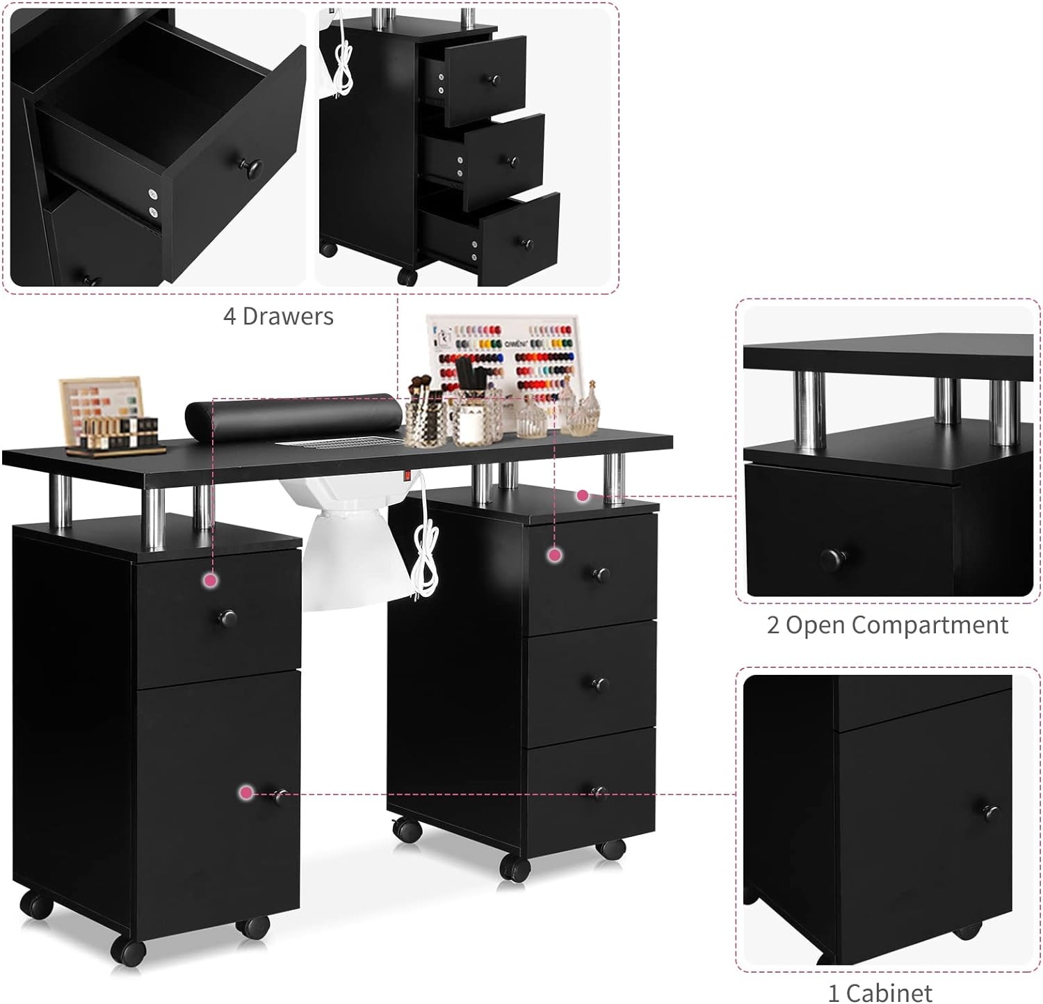 Manicure Table Nail Desk for Nail Tech w/Dust Collector, Storage Drawers, Wheels