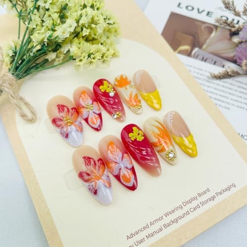 24Pcs Fall Press on Nails Medium Almond Fake Nails Fall Floral & Leaf Style-6