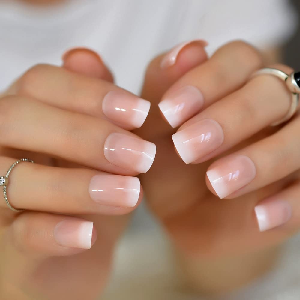 Orange Pink Nude White French Fake Nails Squoval Square UV Gel False Press on…