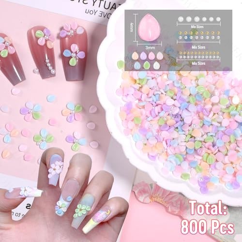 800 Pcs Flower Nail Charms, Mixed Colored Tiny Blossom Flower for S3-colored