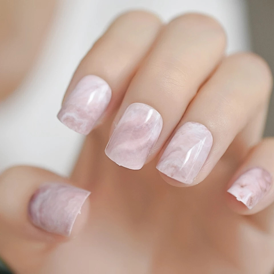 24 Short Press on nails kit w glue pink marble swirl
