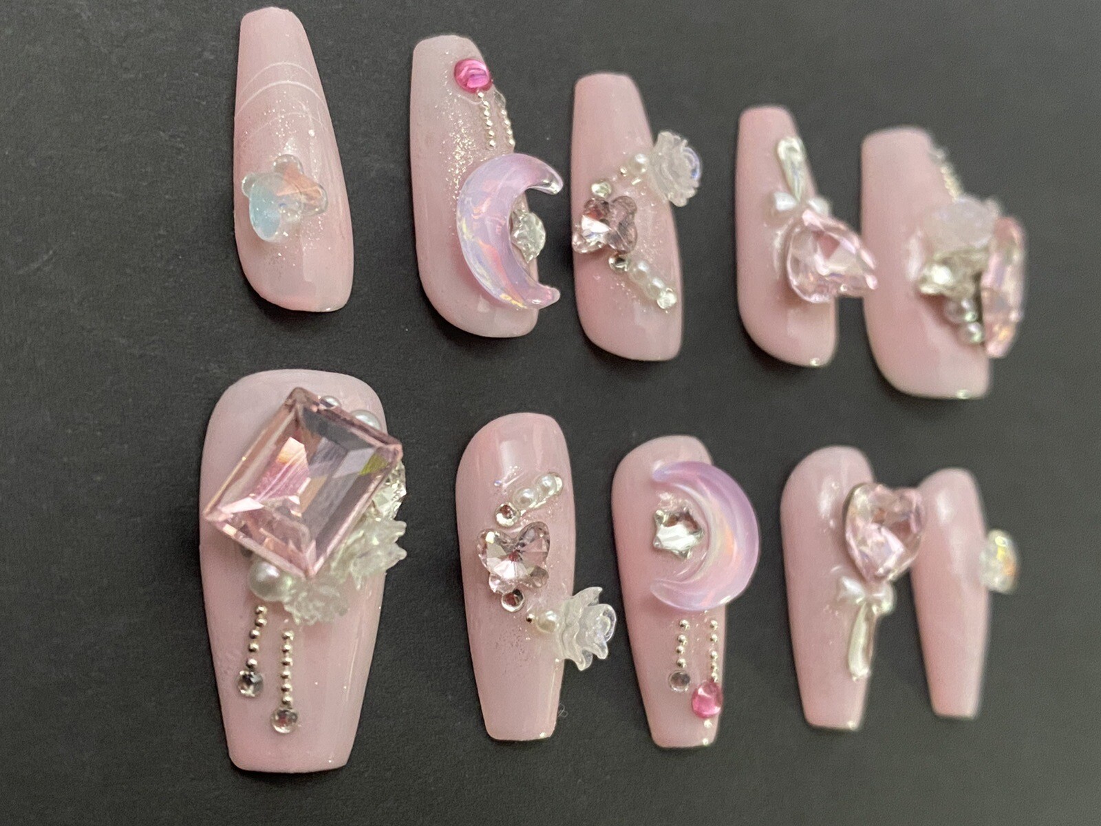 Diamond Shine Pink Nails- Custom Gel Press on Nails Handmade 10 pc set MEDIUM