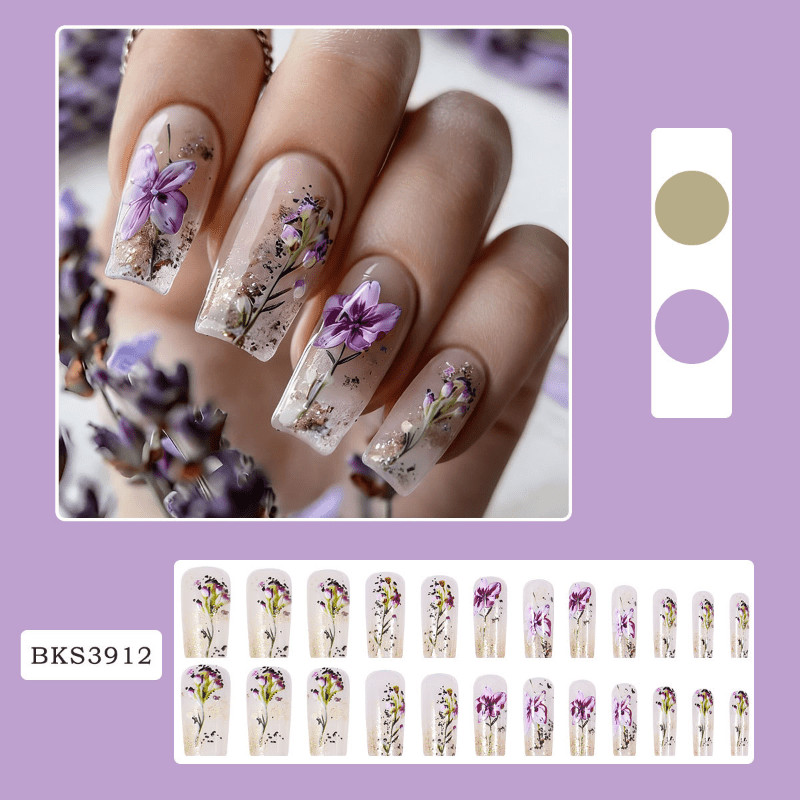 48pcs Long Taper Press on Nails, Clear Nude Purple Lavender Dried Flower Nails