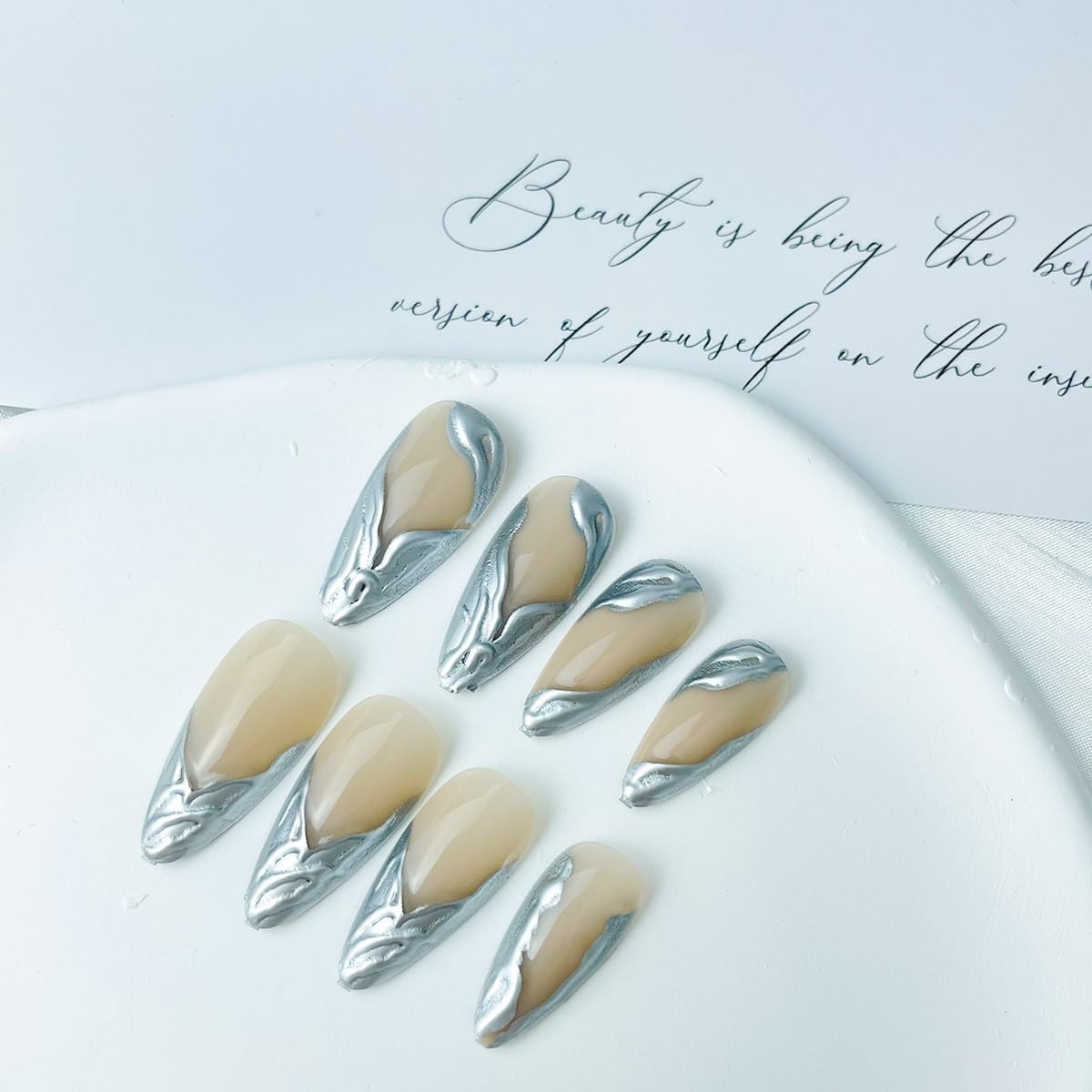 24Pcs Press on Nails Long French Tip, Metal French False Nails Natural Full C…