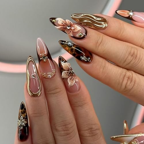 Handmade Press On Nails Almond Medium Long 3D Fake Nails with Charms style01