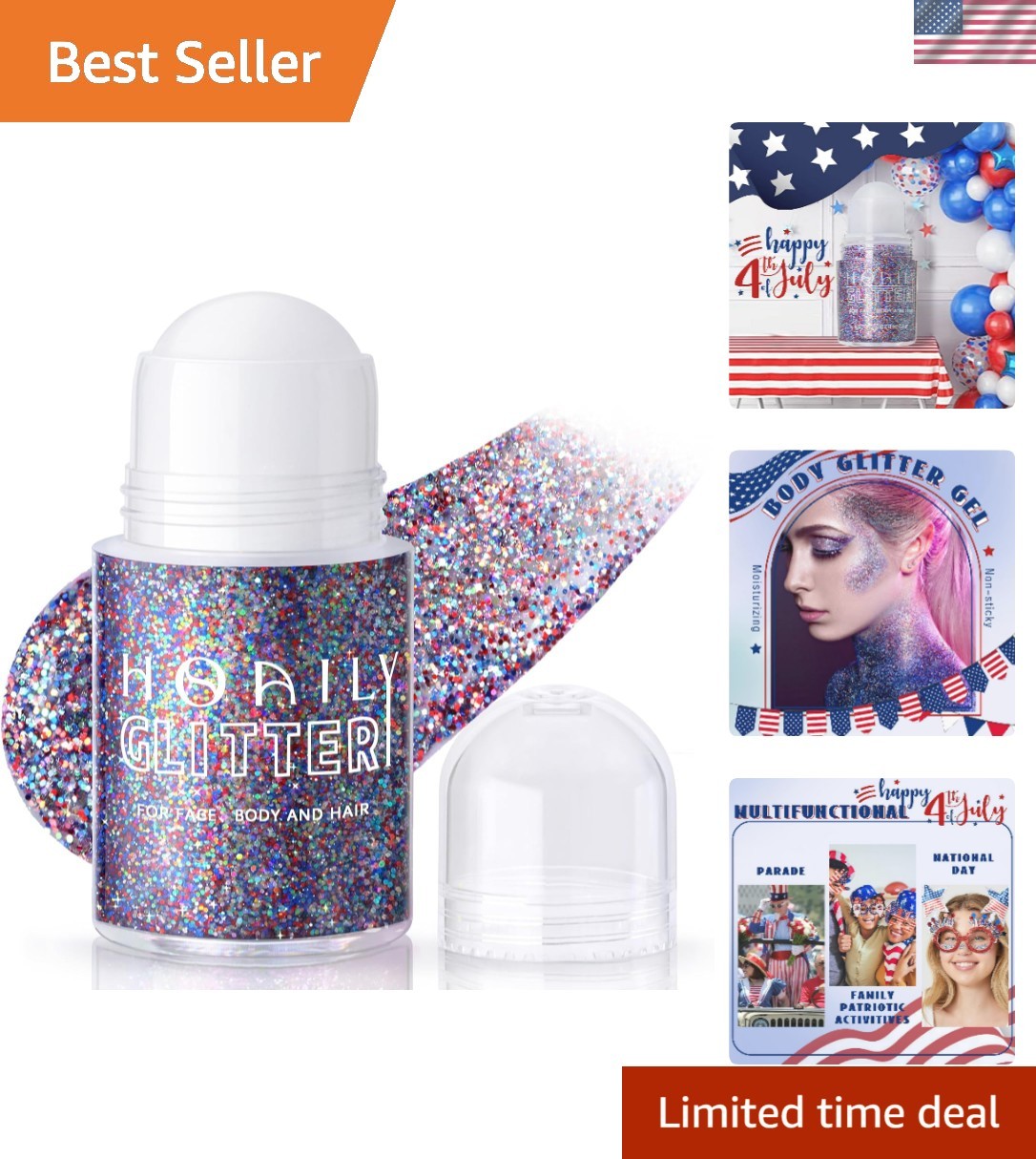 Patriotic Roll-On Body Glitter Gel – Red, White & Blue for Festive Makeup