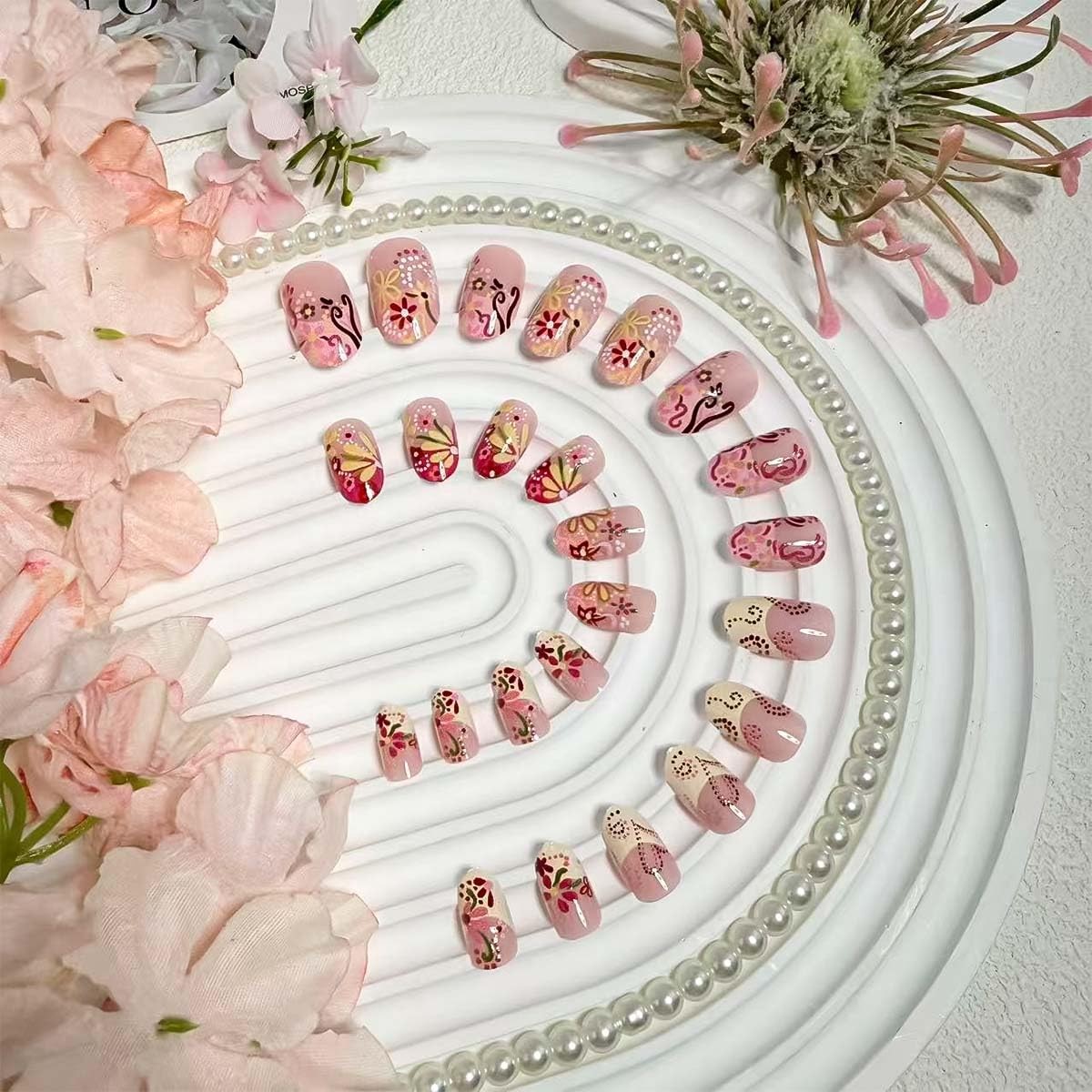 24Pcs French Tip Press on Nails Medium Almond Floral Fake Nails Colorful Flow…