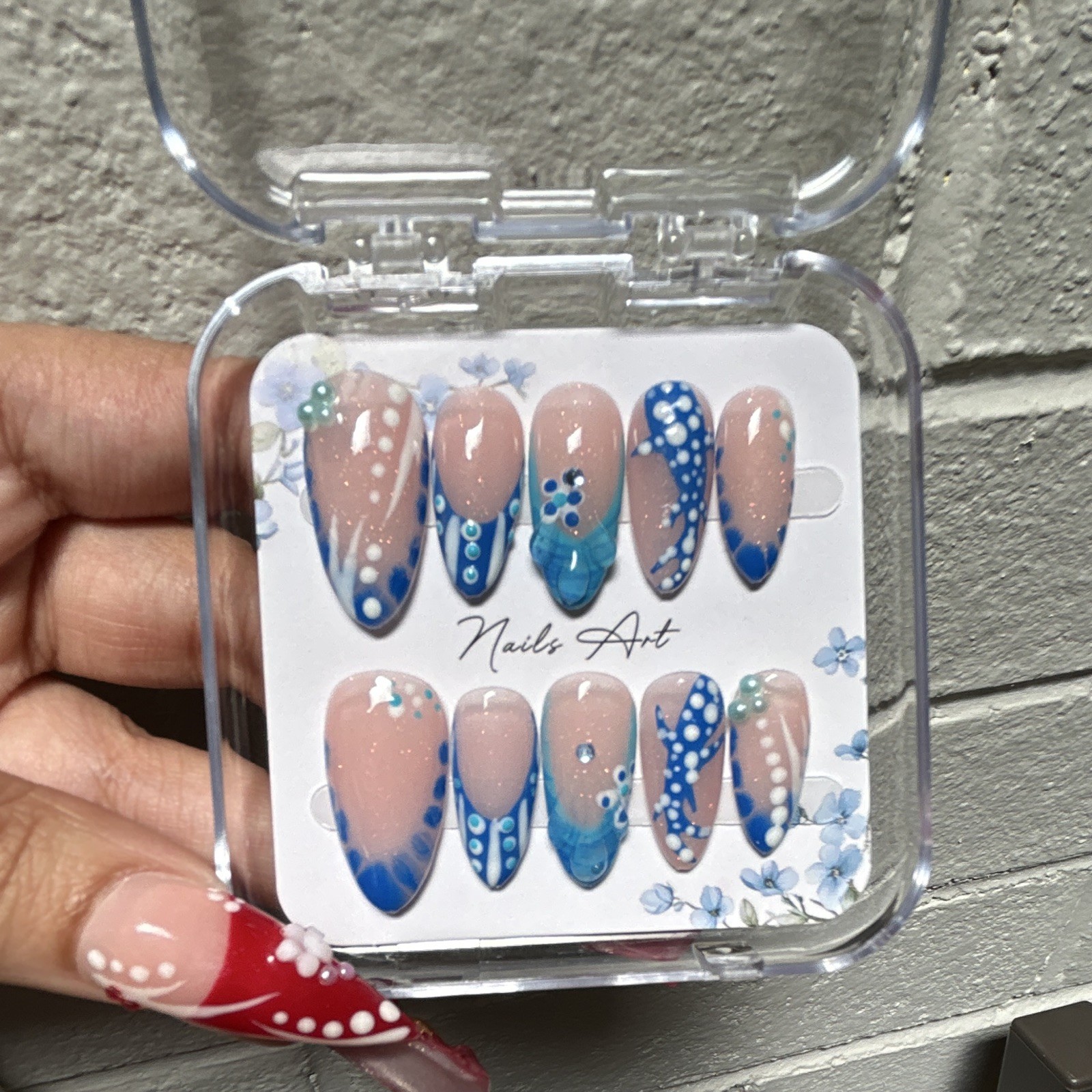 Blue Nude Ocean Acrylic Press-On Nails Long Coffin Full Cover Set