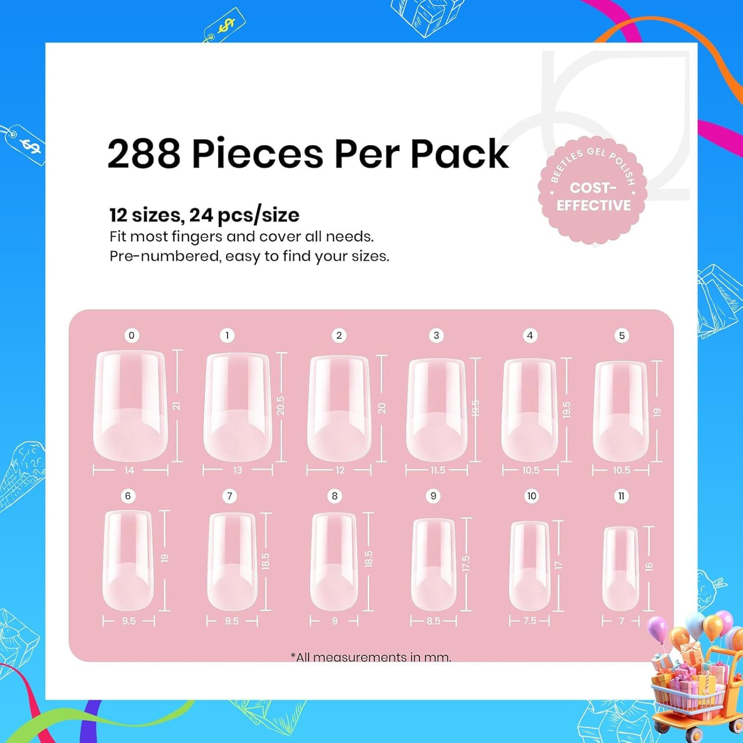 Gel Nail Tips Etch-X, Square Short, 288Pcs 12 Sizes, Pre-Etched Half Matte Full