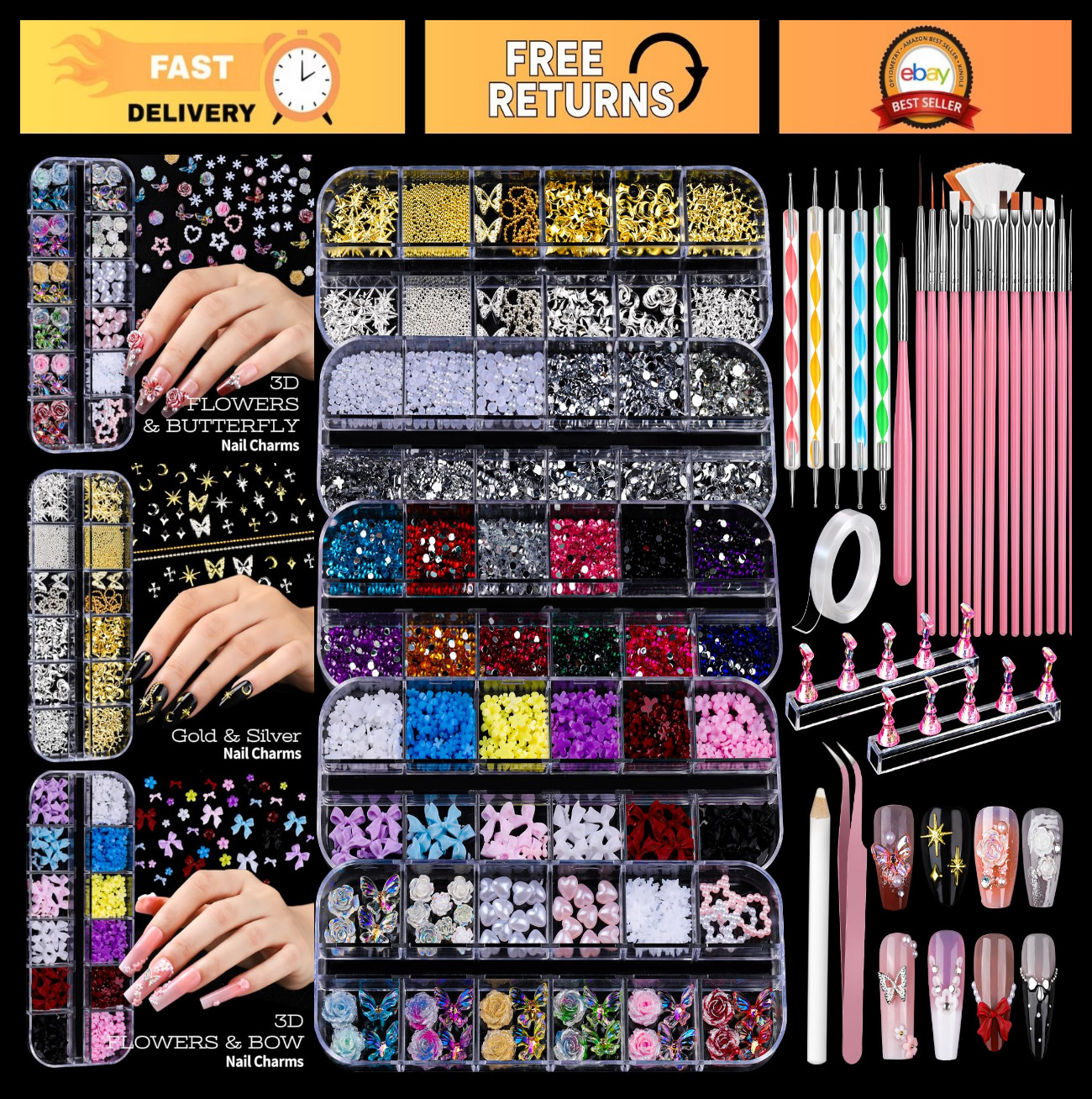 3D Nail Charms & Art Tools Set – 15 Brushes, 5 Dotting Tools, Nail Stand, Gems