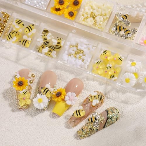 3D Tiny Bee Nail Art Charms, Cute Cartoon Bee Acrylic Sunflower Yellow Bee