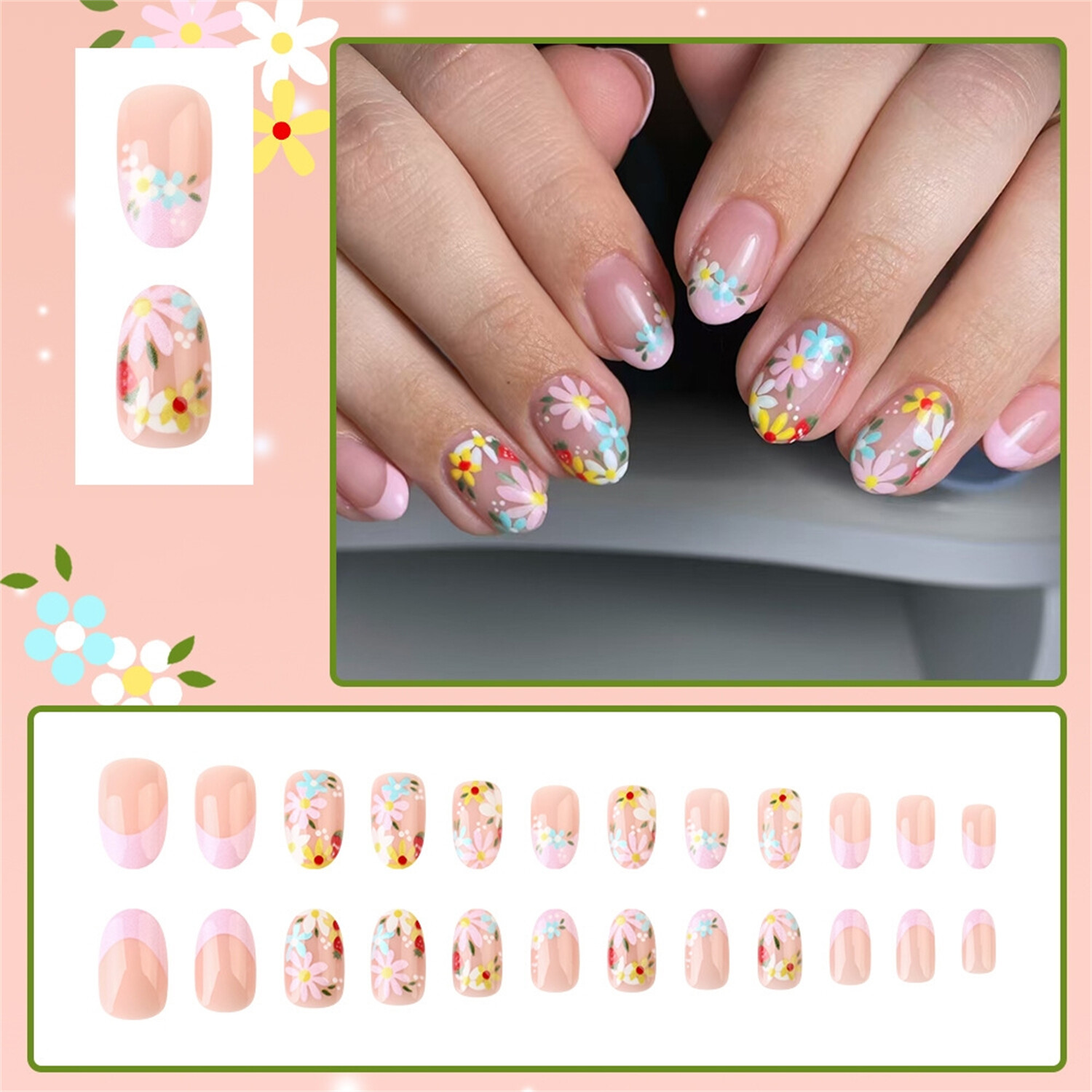 Short Oval Press-On Fake Nail Spring Summer Colorful Flowers Manicure 24pcs
