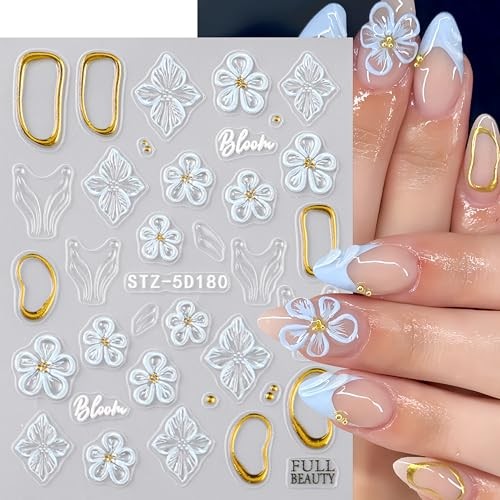 3 Sheets Summer Flowers Nail Stickers 5D Embossed Self Adhesive Blue Style01