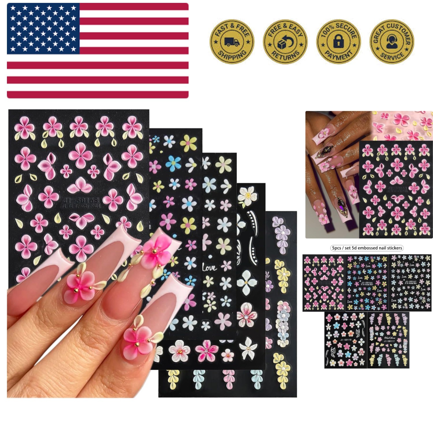 5D Embossed Flower Nail Stickers, 5PCS Colorful Floral Nail Art Stickers Pink…