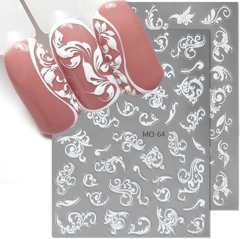 6 Sheets 5D Lace Flower Nail Stickers White Embossed Nail Art Decals DIY