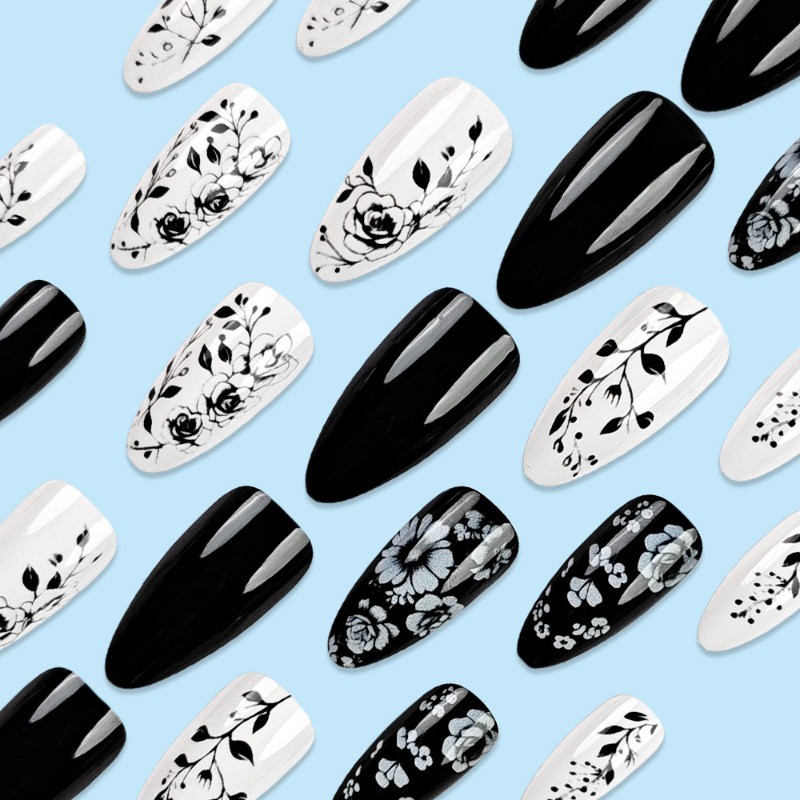 48pcs-Elegant Floral Press on Nails with Black Roses on White and Black Bases