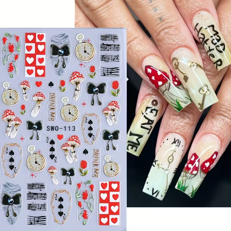 Alice in Wonderland Inspired Nail Decals Tulips Mushrooms Clock Nail Stickers