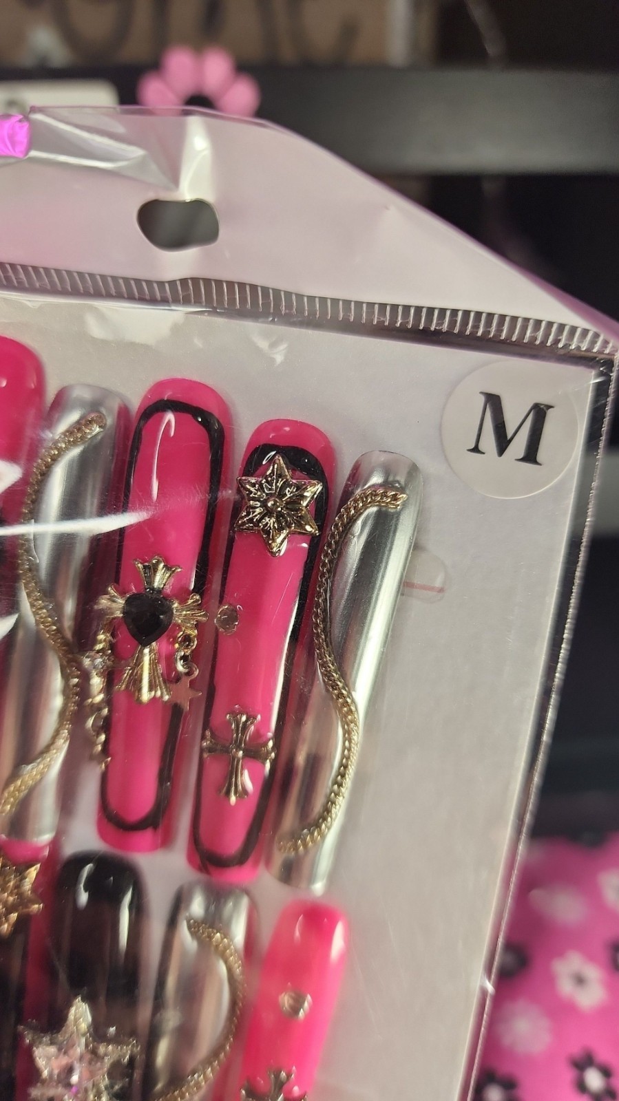 Medium Size Super Long Pink Star Cross Press-on Nail Set