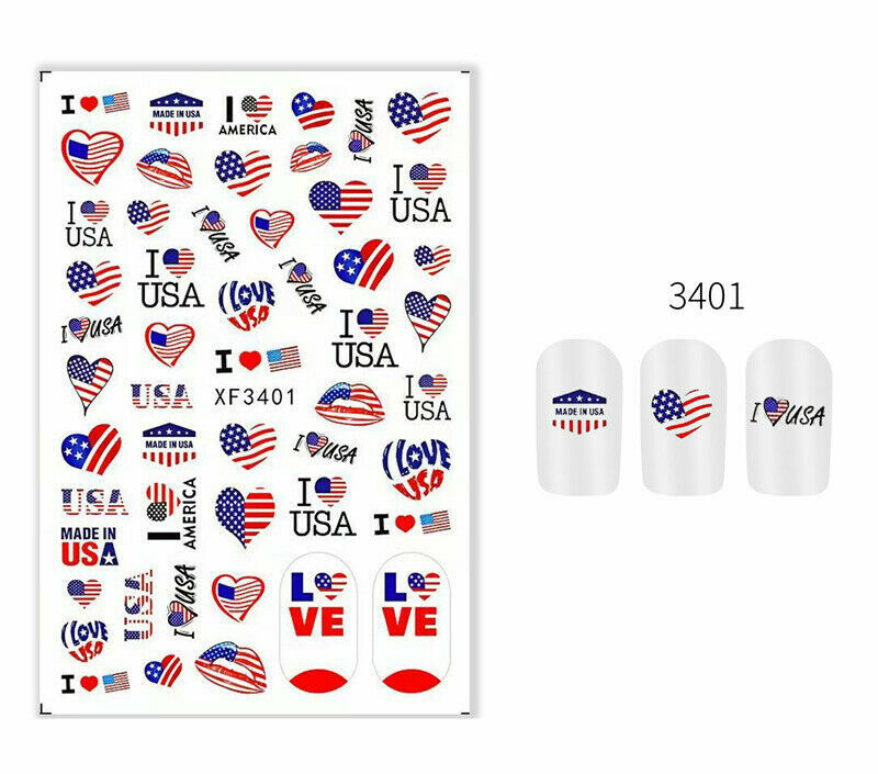 American Flag Star Heart LOVE USA July 4th Butterfly Number 3D Nail Sticker NS3
