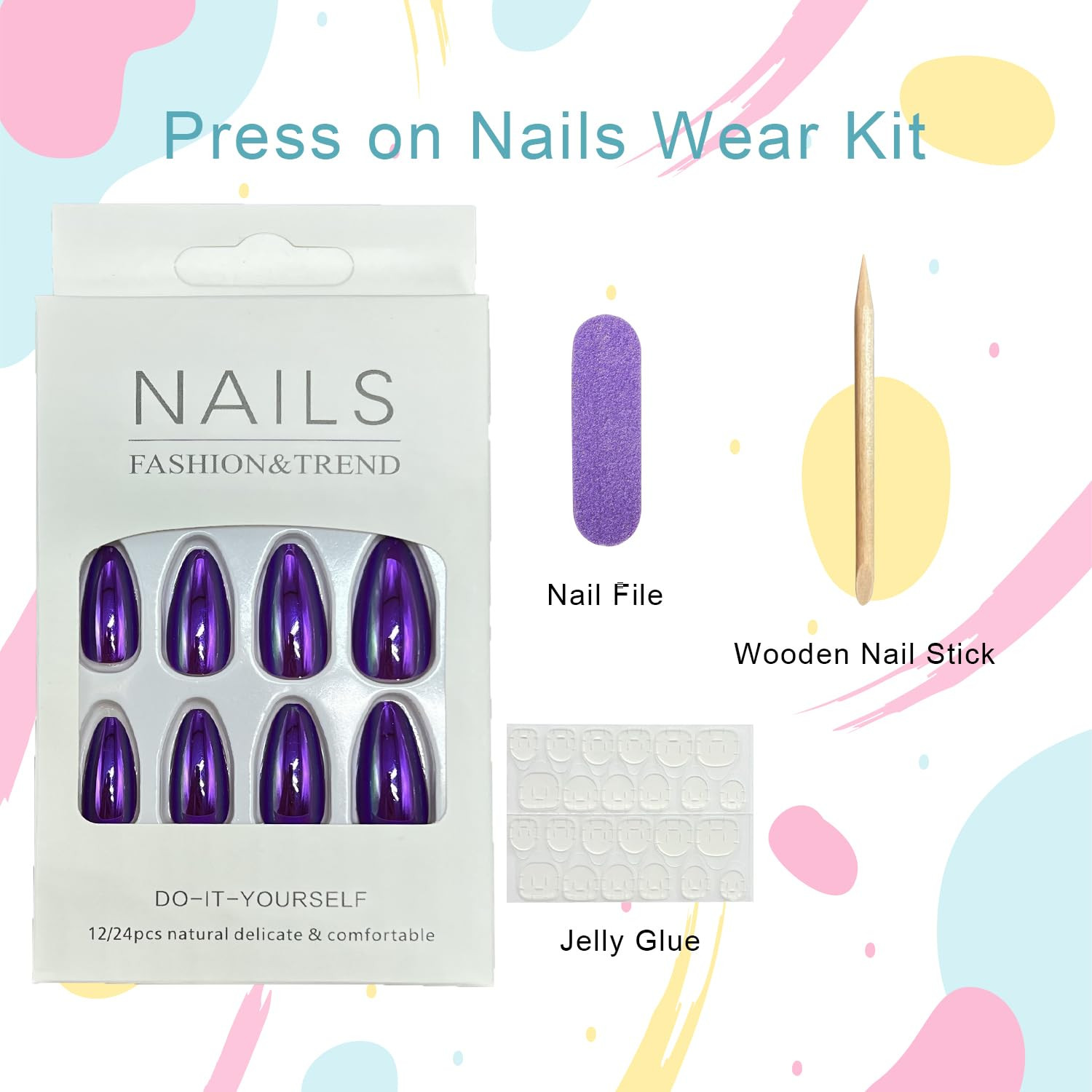 Purple Chrome Press on Nails Medium Almond Fake Nails Purple Metallic Mirror Fal