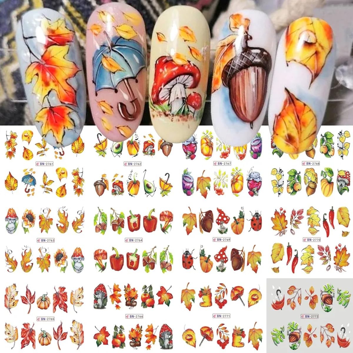 12Pcs Maple Leaf Nail Stickers Fall Nail Art Water Decals Chili Sunflower Pum…