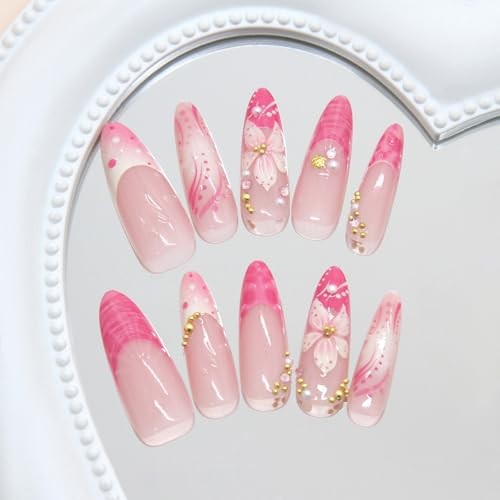 30Pcs Flower Press on Nails Long Almond French Tip Fake Flower French Nails 12