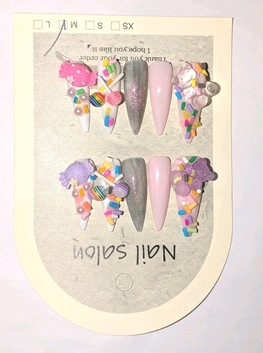Hand Crafted Pink, White & Purple Stiletto Press-On Nails with Candy 3D Charms