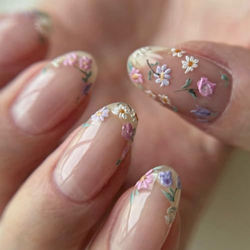 Colorful Flowers Press on Nails Short Almond Shaped Fake Nails Designs Style 8
