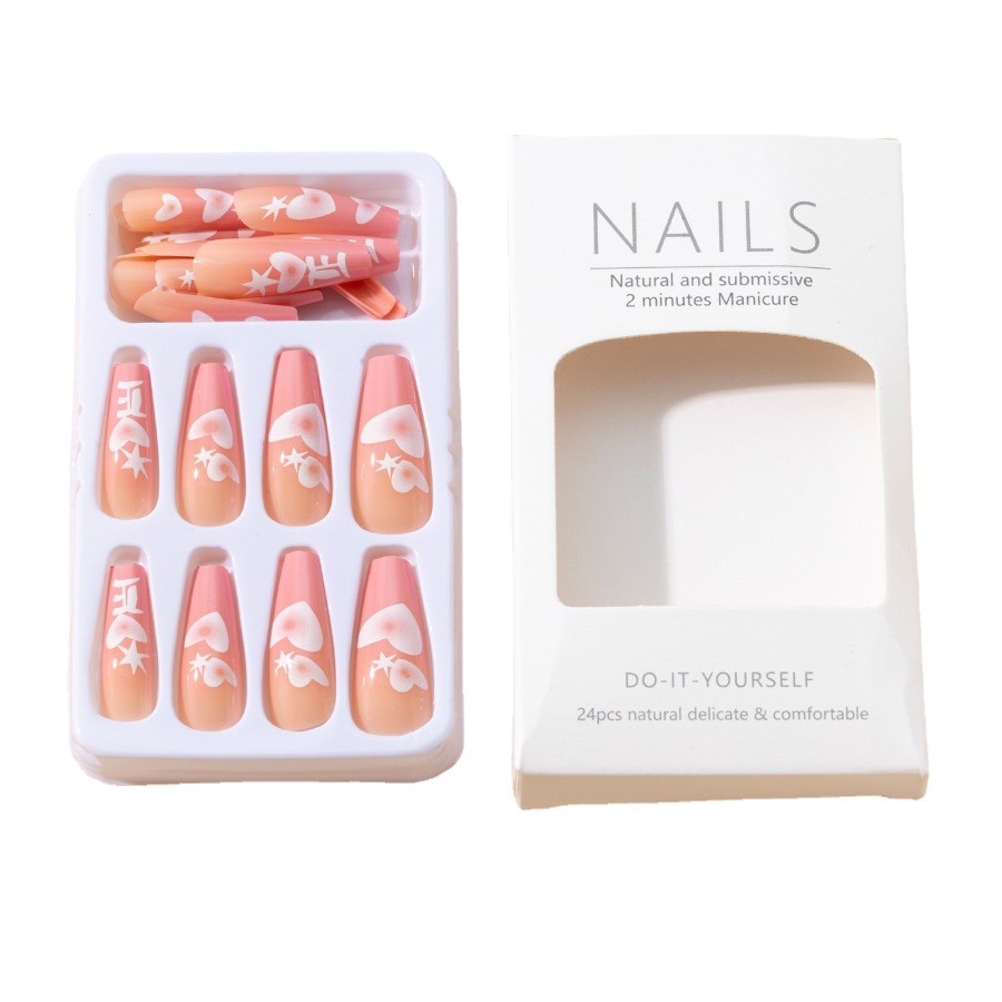 48pcs-Pink Press on Nails Ombre Heart Star Long Square Daily Wear Nail Art Set
