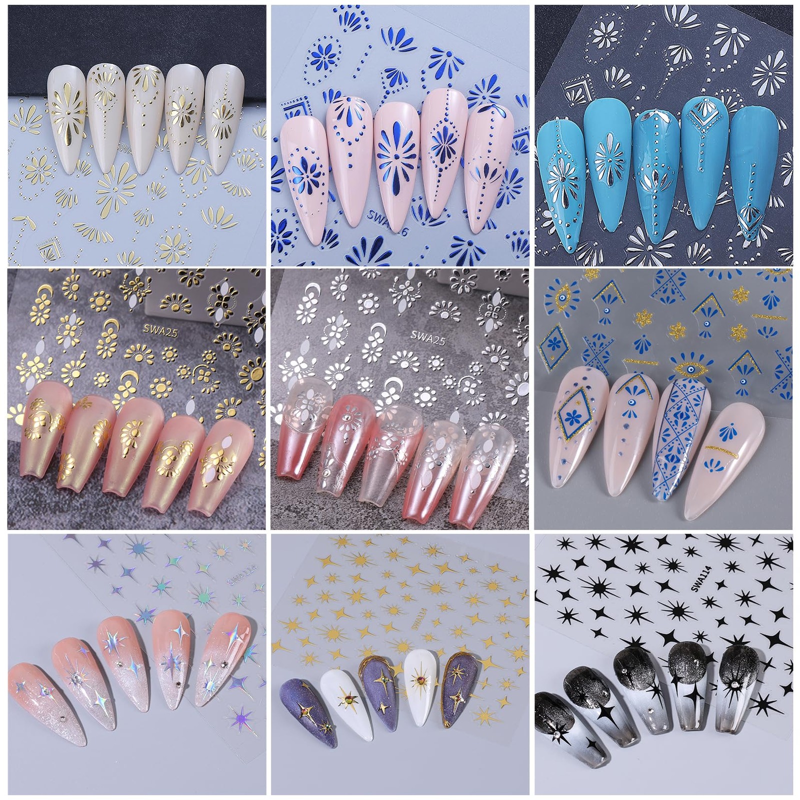 Bohemian Stickers for Nail Art 12PCS Boho Styles Decals Blue Colorful
