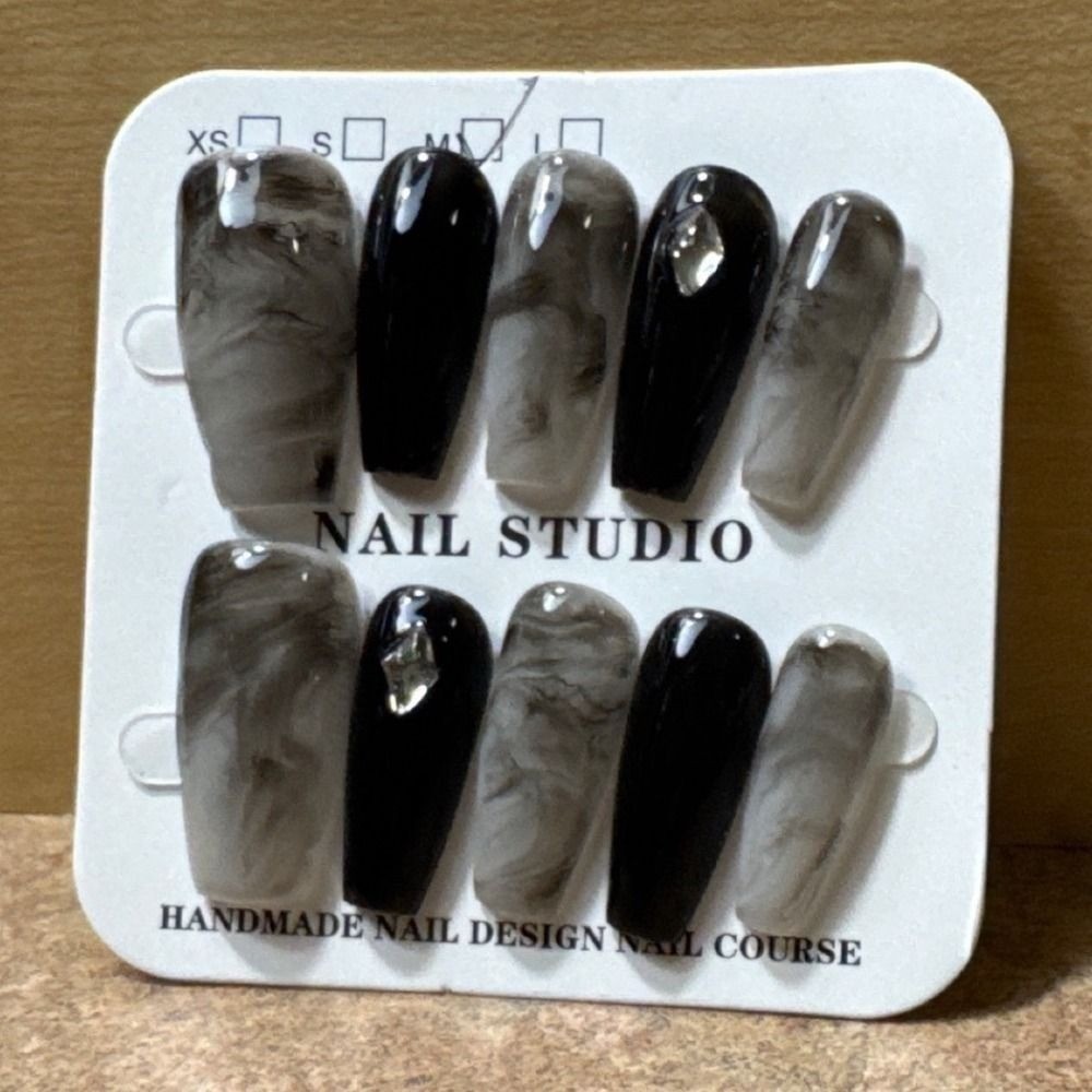 Press On Nails Black Grey Marble Coffin Rhinestone Size M