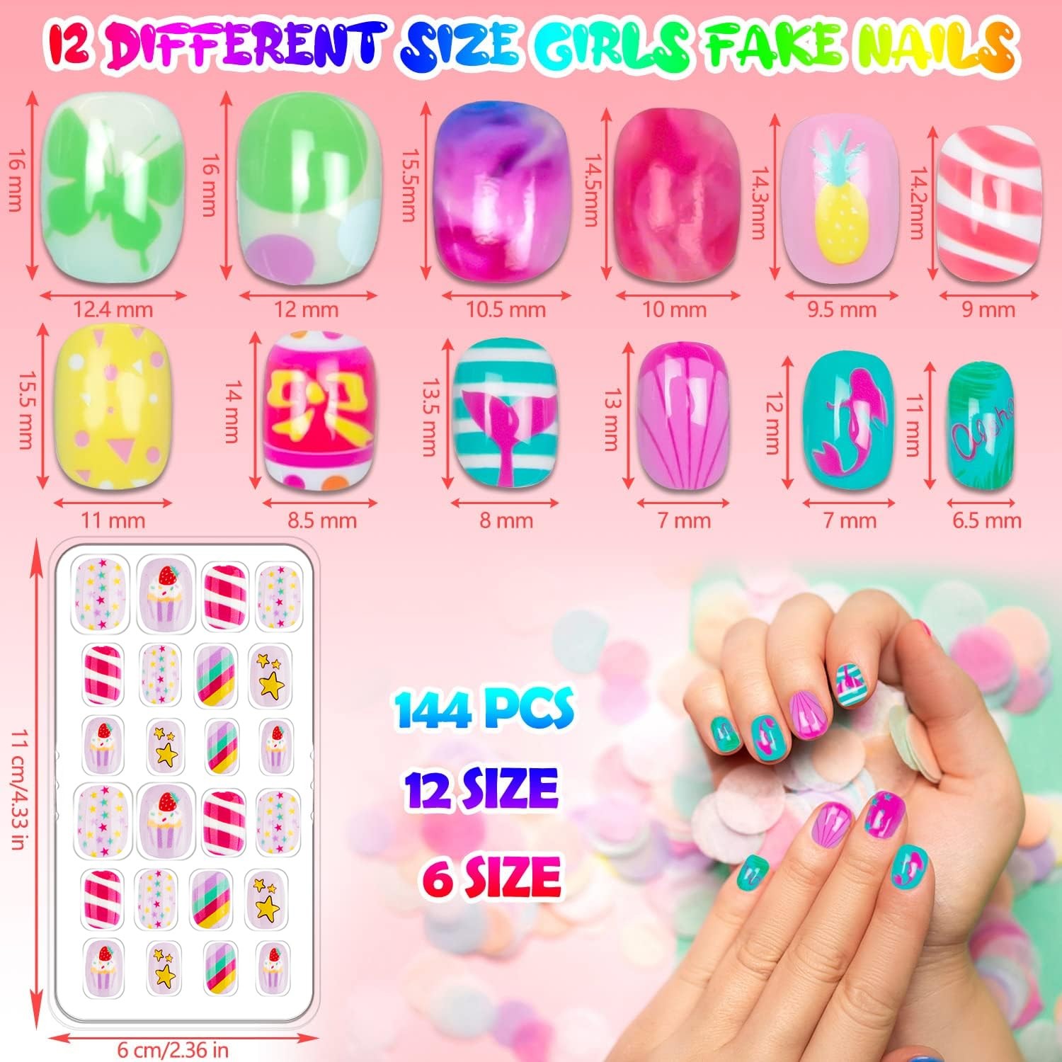 144 Pieces Press On Nails for Kids Children Fake Nails for Girls Artificial K…