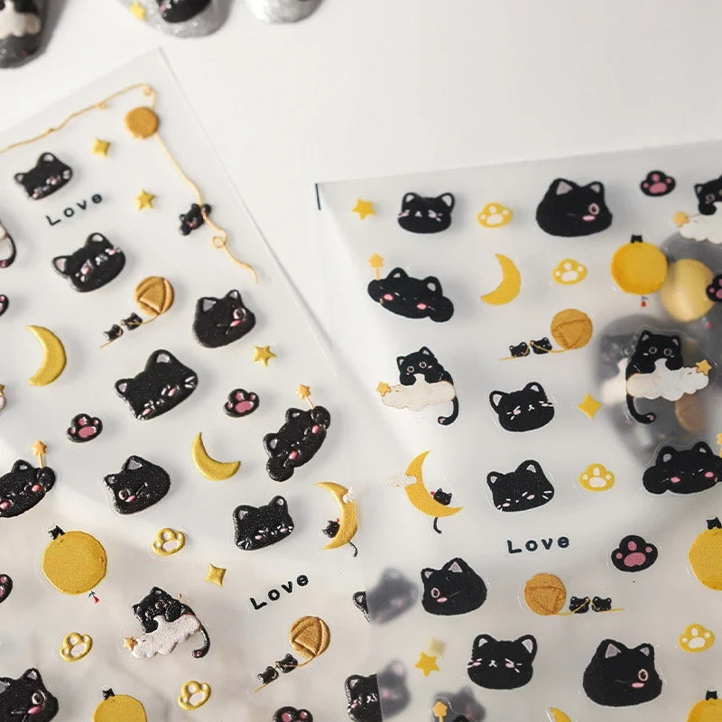 Moonlit Cat Nail Stickers – Black Cats, Moons & Stars Nail Decals (187)