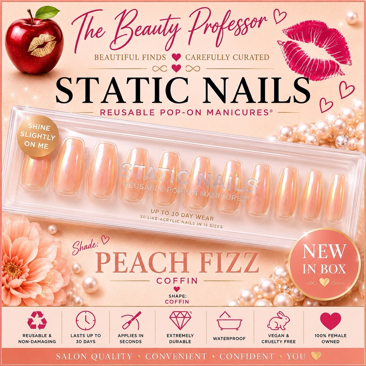 🍎 Static Nails Peach Fizz Coffin Reusable Pop-On Nails New in Box 💋