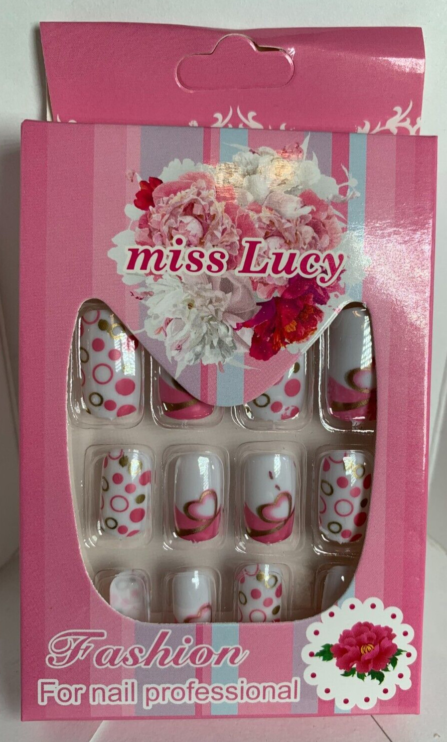 Miss Lucy Fashion Nails 12p Set FULL KIT white with pink hearts and circles
