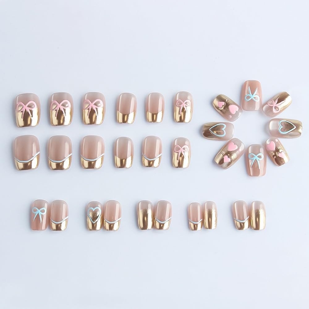 Short Press on Nails Square Glue on Nail – Pink Blue Bow Hearts Design Glossy…