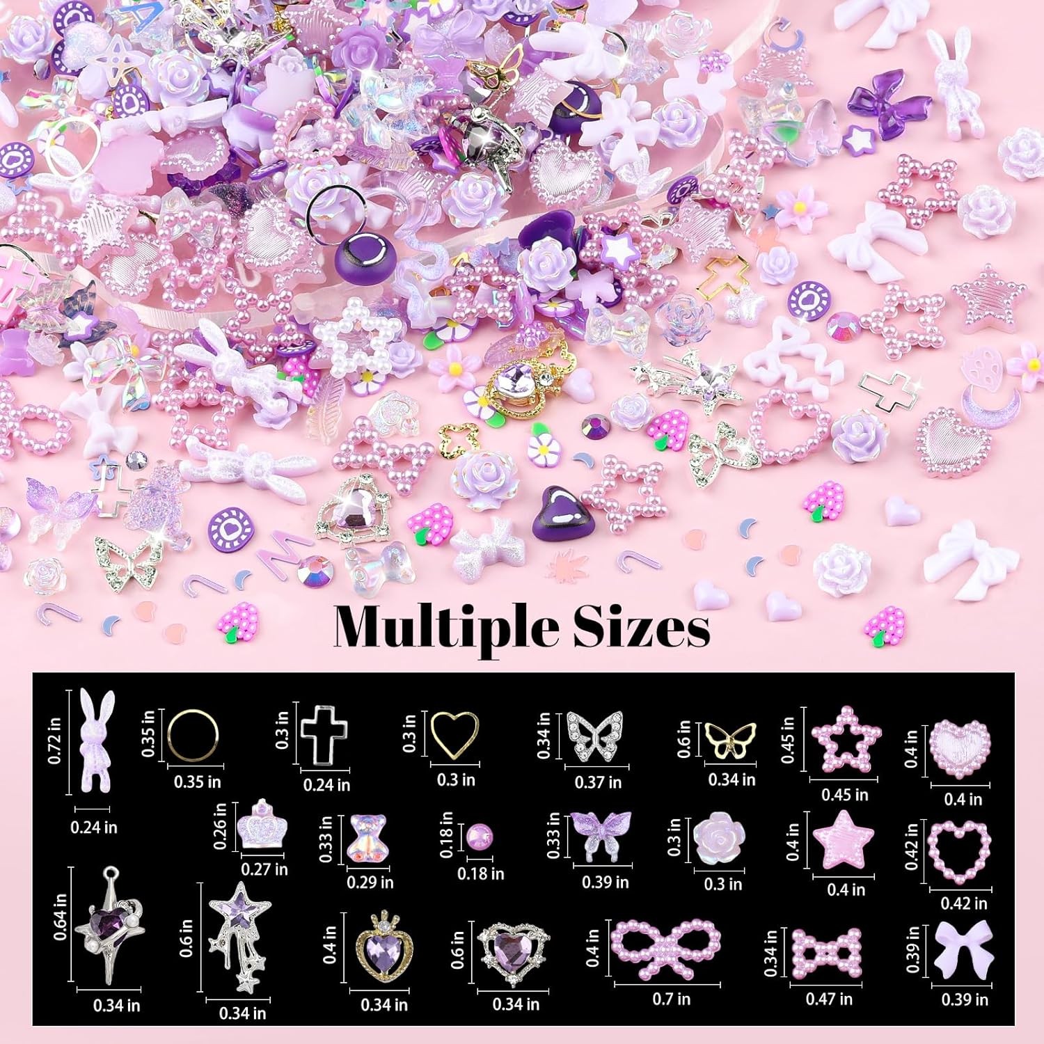 Multi Shapes Acrylic Nail Charms for 3D Nail Art, Purple Heart Flower Bow Star B