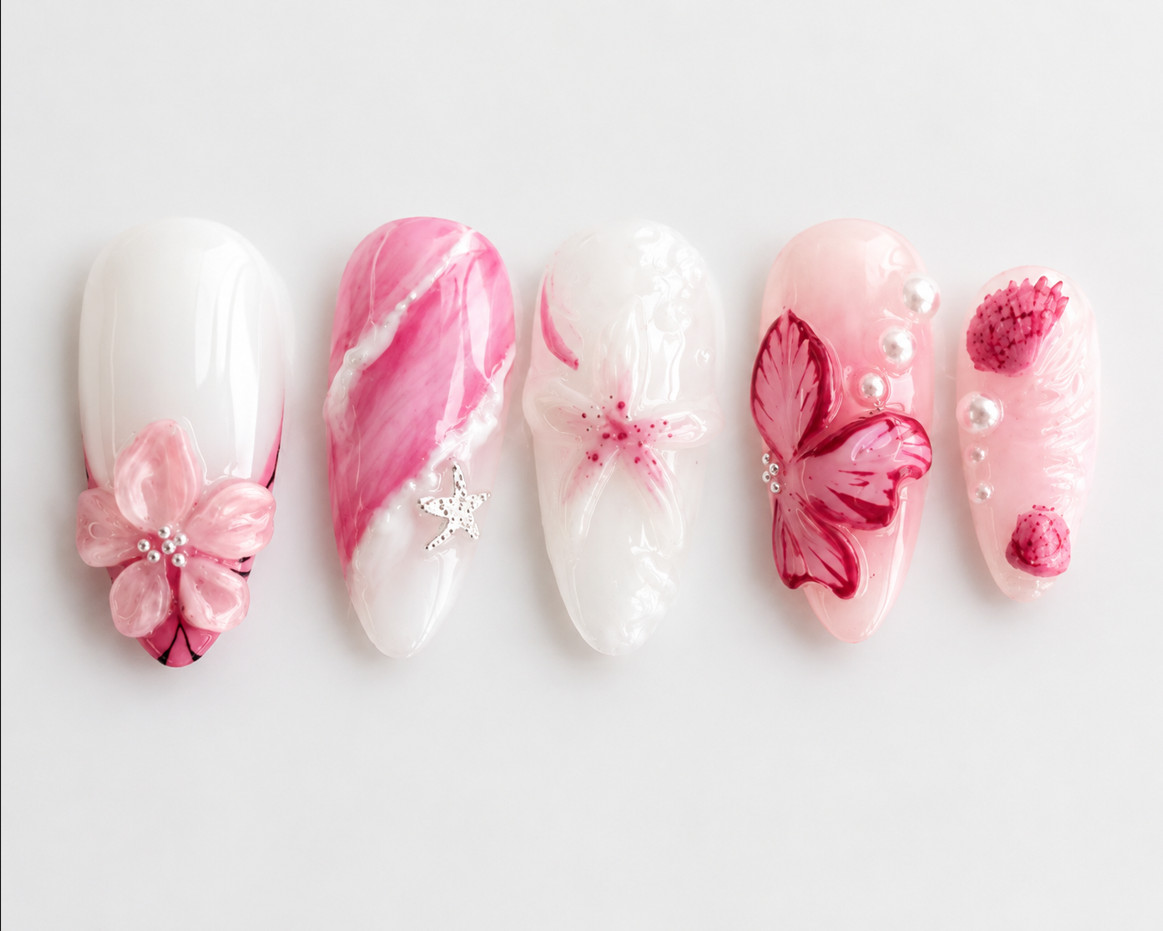 24Pcs Middle Length Pink White French Press On Nails 3D Pearl Almond