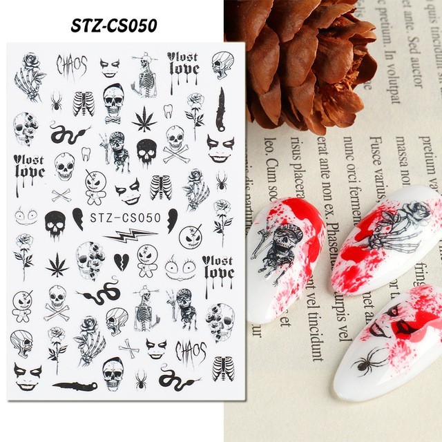 5 Sheets Halloween Skull Ghost Nail Art Stickers Clown Blood Scars Lips Decals