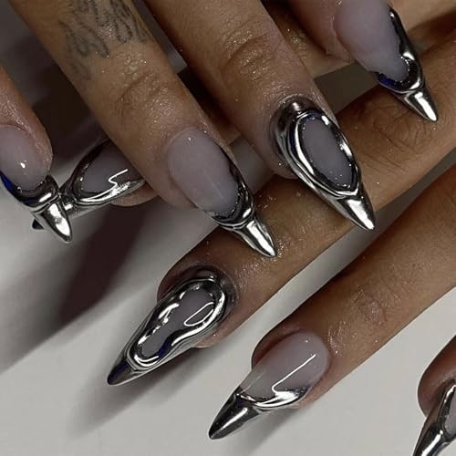 Silver Press on Nails Medium Almond Fake Nails 3D French Tips False H-29Silver